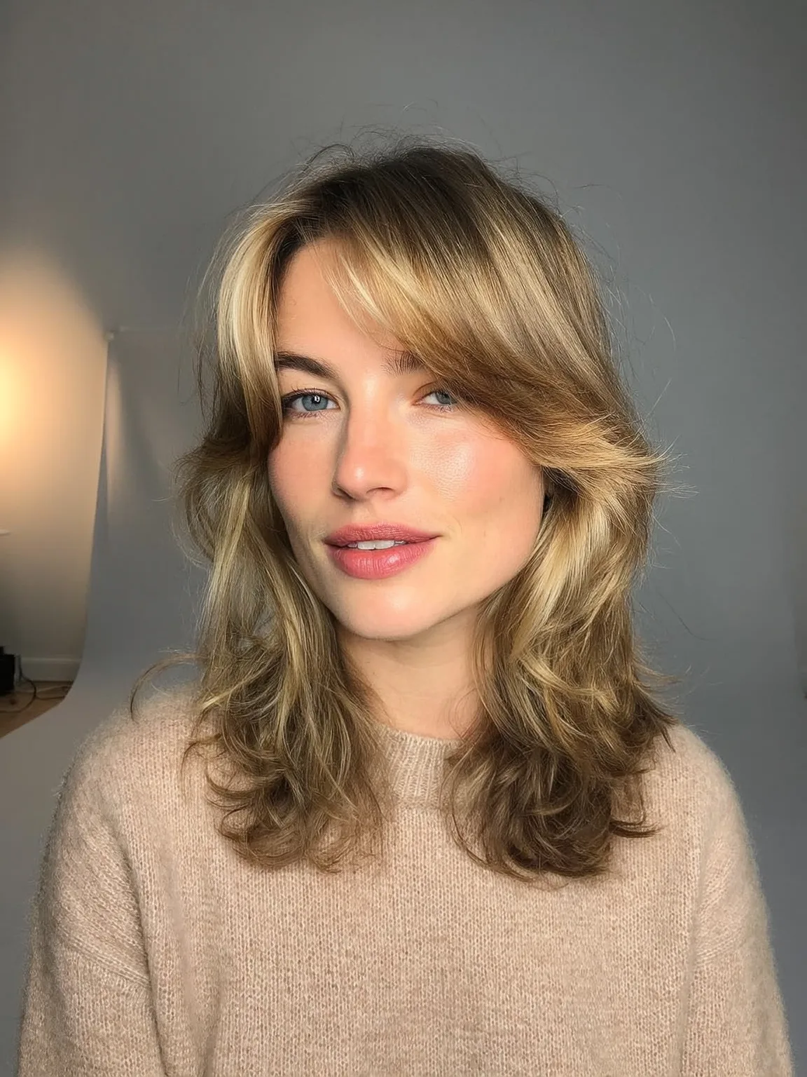 Feathered Shoulder-Length Waves in Sandy Blonde Balayage